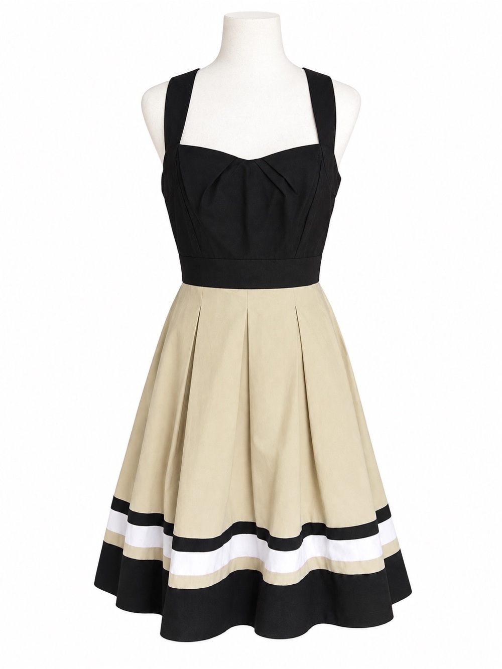 NWT White House Black Market Fit Flare Colorblock Dress Beige Black White Size 8